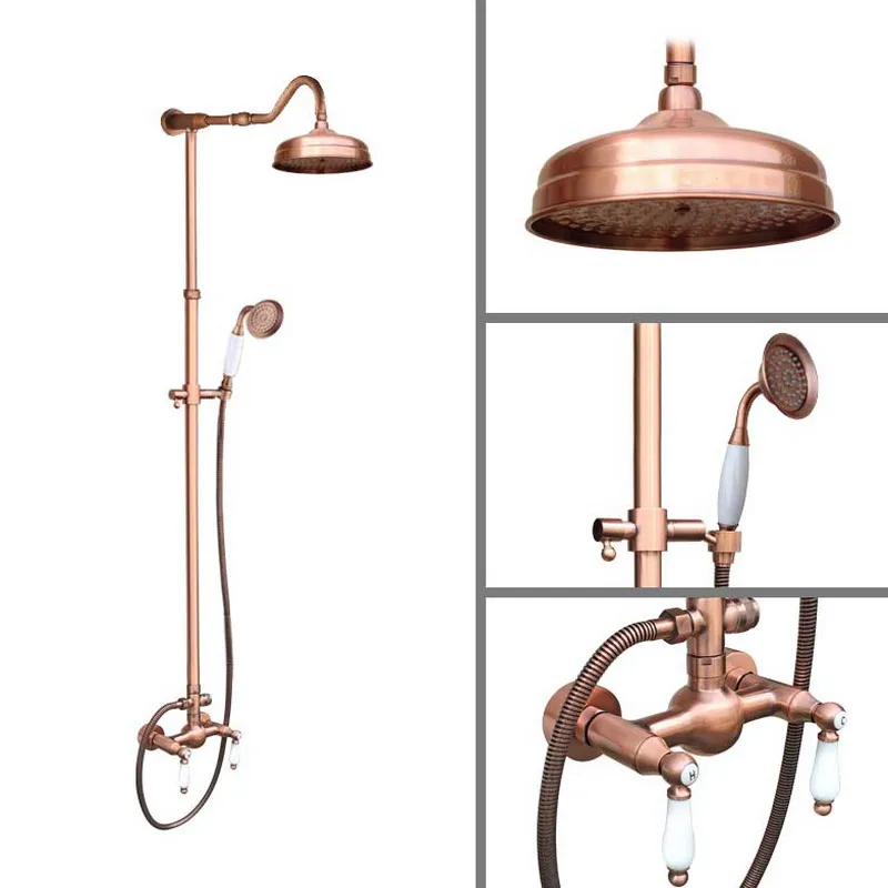 

Red Antique Copper Wall Mount Bathroom Rain Shower Head Handshower Head Rainfall Shower Faucet Set Dual Handle Mixer Tap arg617