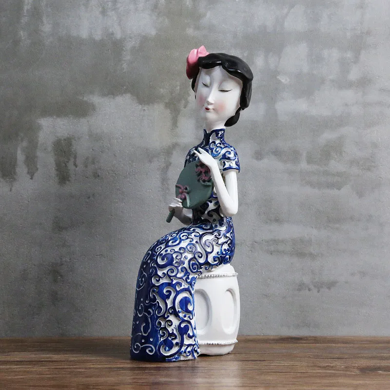 Китайский стиль смолы классические статуэтки леди синий и белый фарфоровый чеонгсам леди миниатюрный орнамент Декор для гостиной подарки - Цвет: A