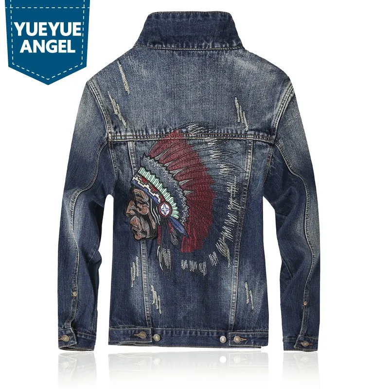 

2019 Fashion Embroidery Men's Denim Jacket Single Breasted Vintage Hole Jacket Washed Jean Jacket Mens Clothing Suit Veste Homme