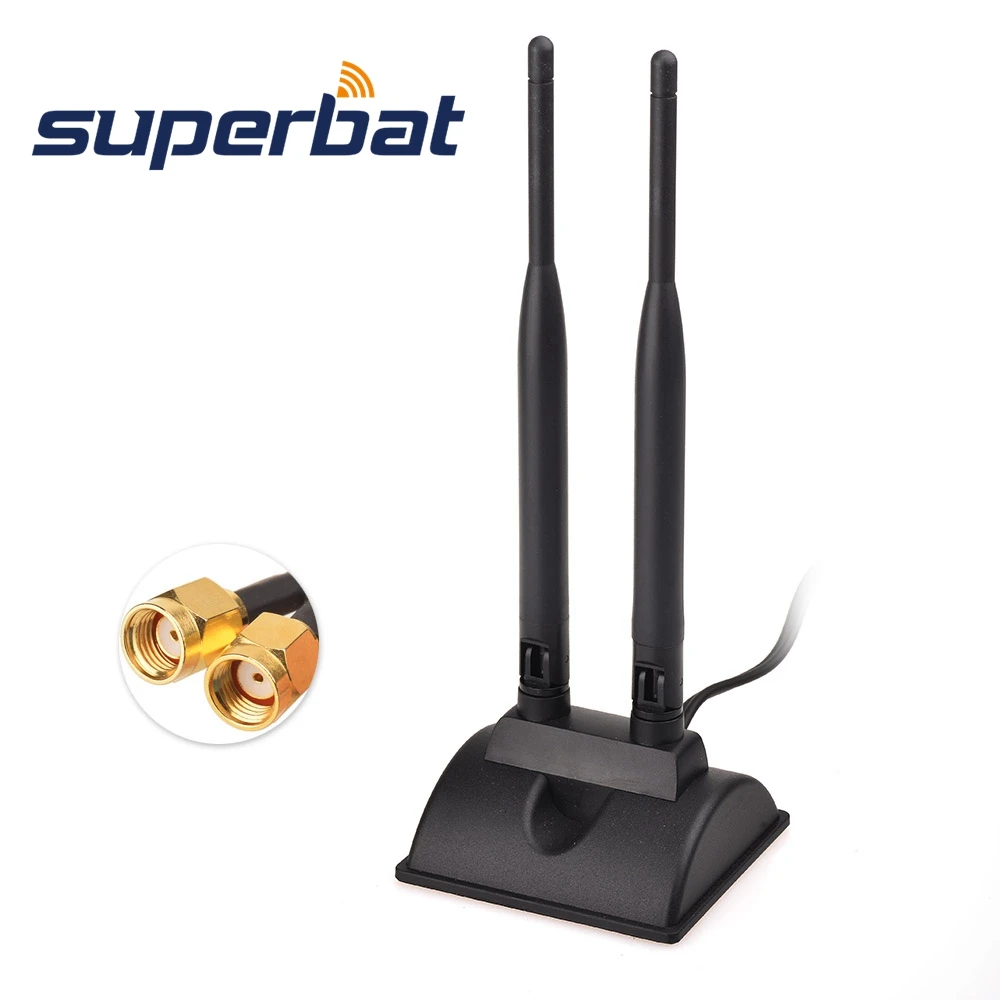 Superbat Dual Antenna 6DBi Omni Directional RP-SMA Plug Male(Female pin) Connector for Indoor WiFi Wireless Range Signal
