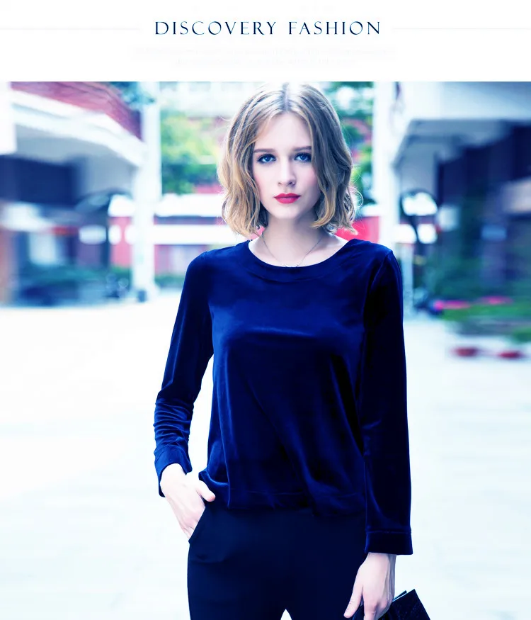 Fashion Women velvet shirt ,New Spring Autumn O-neck long sleeve Velvet blouse ,black blue velour striped sweater