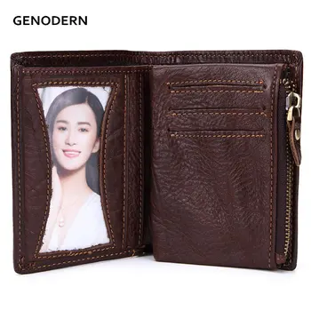 

GENODERN Cow Leather Men Wallet with Zipper Coin Pocket Brown Billfold Men's Purse Vertical Genuine Leather Male Wallet Purse