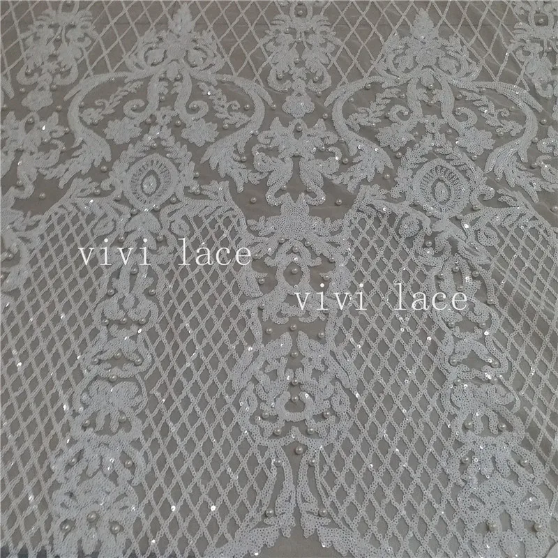 

5 yards BB0001 # ivory offwhite pearls plaid sequin net mesh lace fabric for wedding dress sawing/party dress/occassion