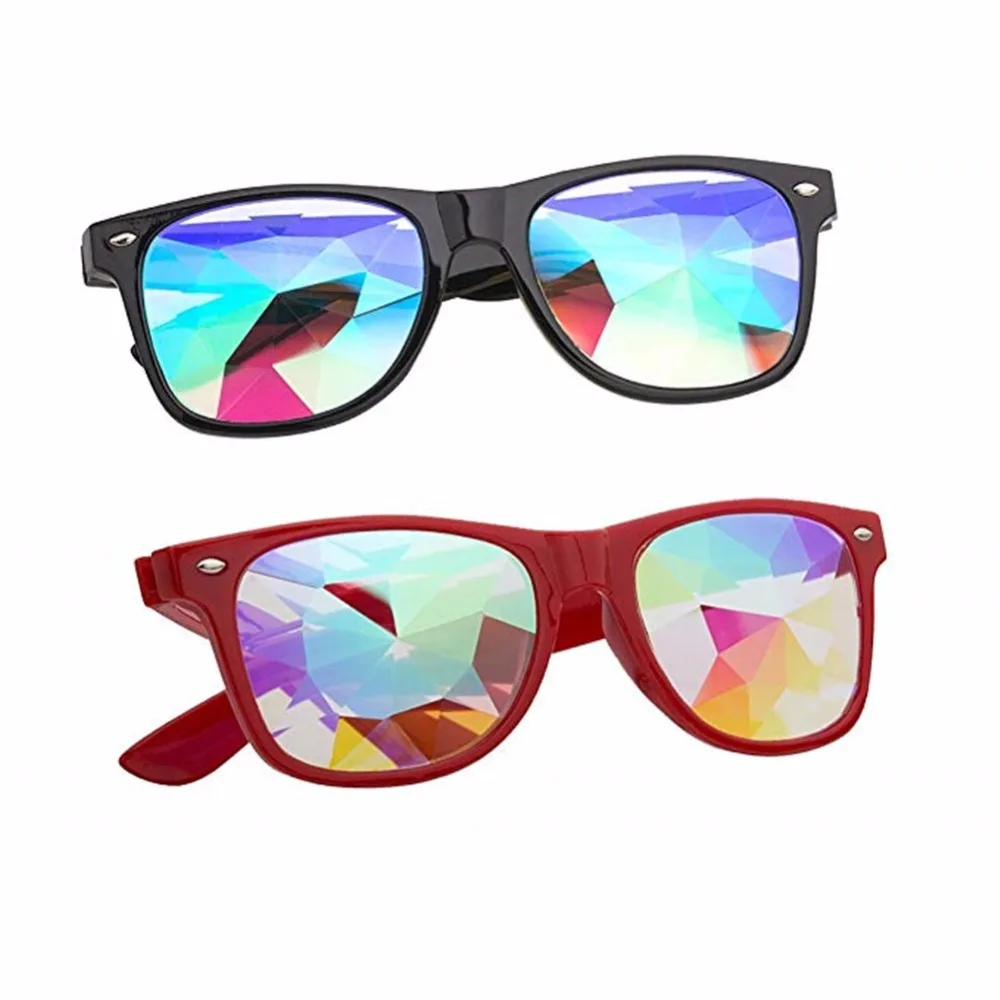 

2pcs Black/White/Red Kaleidoscope Glasses - Rainbow Rave Prism Diffraction Crystal Lens Sunglasses Goggles