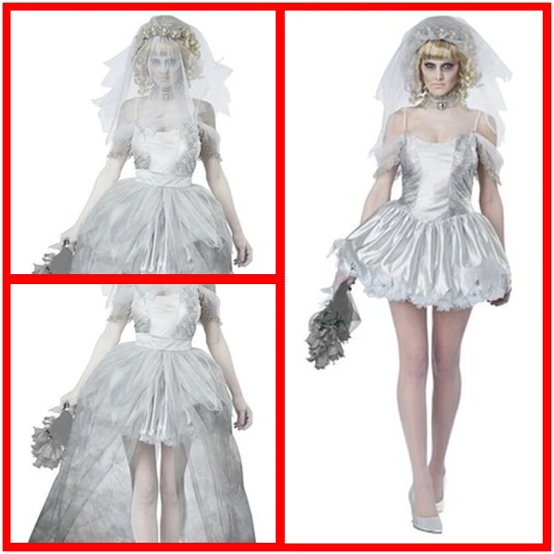 

Wedding Dress Halloween Costume,Evil Cemetery Ghost Couple Groom Corpse Bride Horror Wedding Dress Zombie Bride Dress Up Cosplay