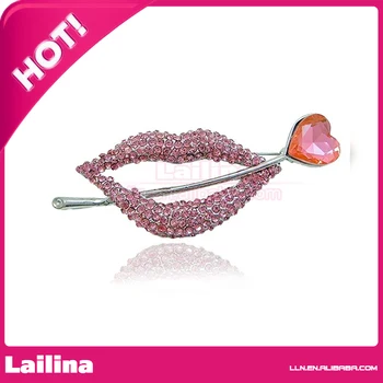 

Fashion 100pcs/lot Sexy Kiss Lip Heart Brooch Pin with Pink Crystal