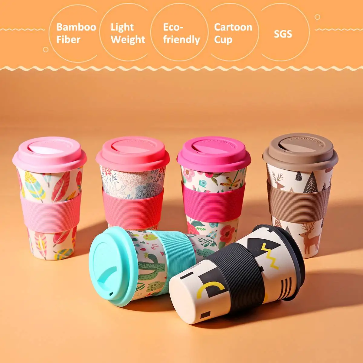 400ml Portable Practical Reusable Bamboo Fiber Silicone Cap Coffee Cups
Eco Friendly Non-slip Printing Travel Mugs Useful