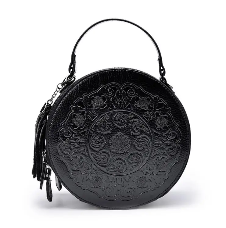 Высококачественные круглые сумки через плечо из воловьей кожи для женщин, модные роскошные сумки из натуральной кожи, женские дизайнерские сумки Bolsas Feminina - Цвет: Черный