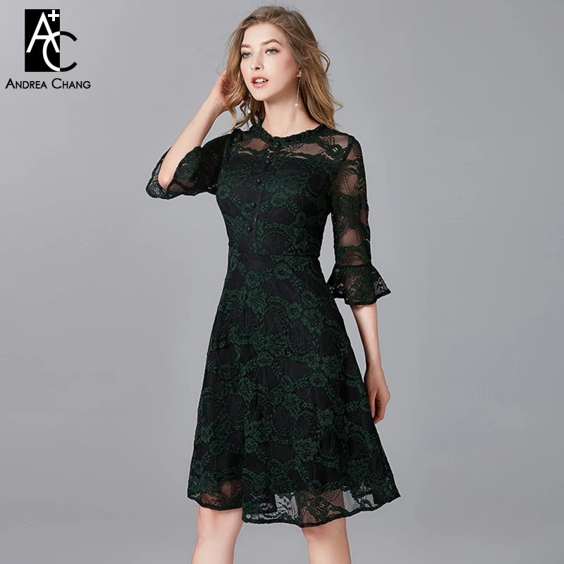 

PLUS SIZE woman dress L-5XL high quality summer spring dress flare sleeve fashion sweet vintage green floral pattern lace dress