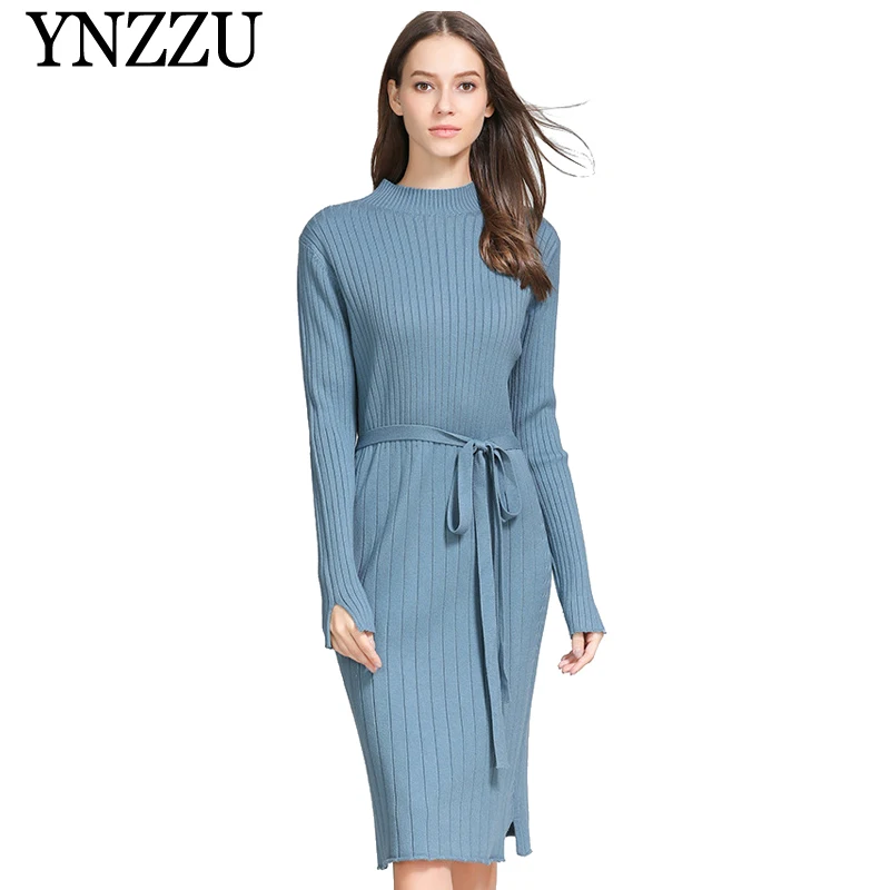 

YNZZU 2019 Autumn Winter blue knitted dress Whit belt long sleeve O-neck knee-length dress New fashion elegant female dress D267