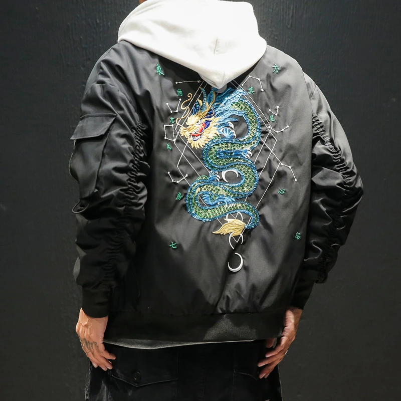 

Chinese Dragon Embroidery Jacket Men Fashions Hip Hop Streetwear Bomber Jacket Men Coat Men Jacket Coat 2019 Autumn US Size