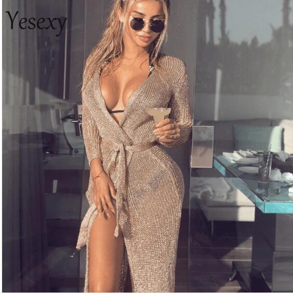 Yesexy 2020 женское сексуальное трикотажное платье с длинным рукавом и поясом