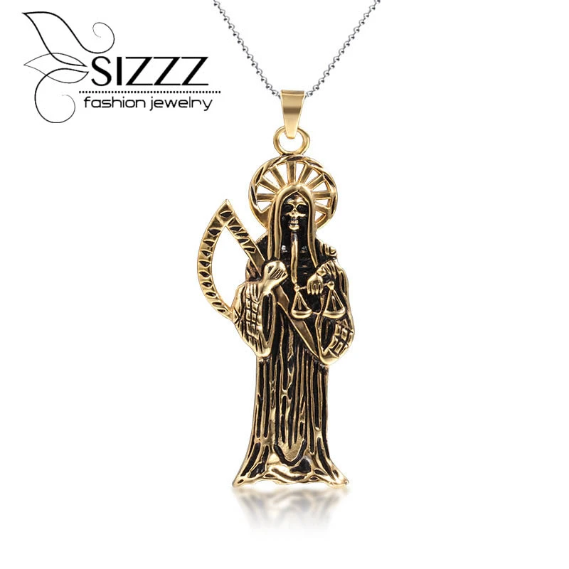 Hip Hop Vintage Holy Saint Death Santa Muerte Skull Biker Pendant Golden  Necklace Stainless Steel Man Women Religious Jewelry