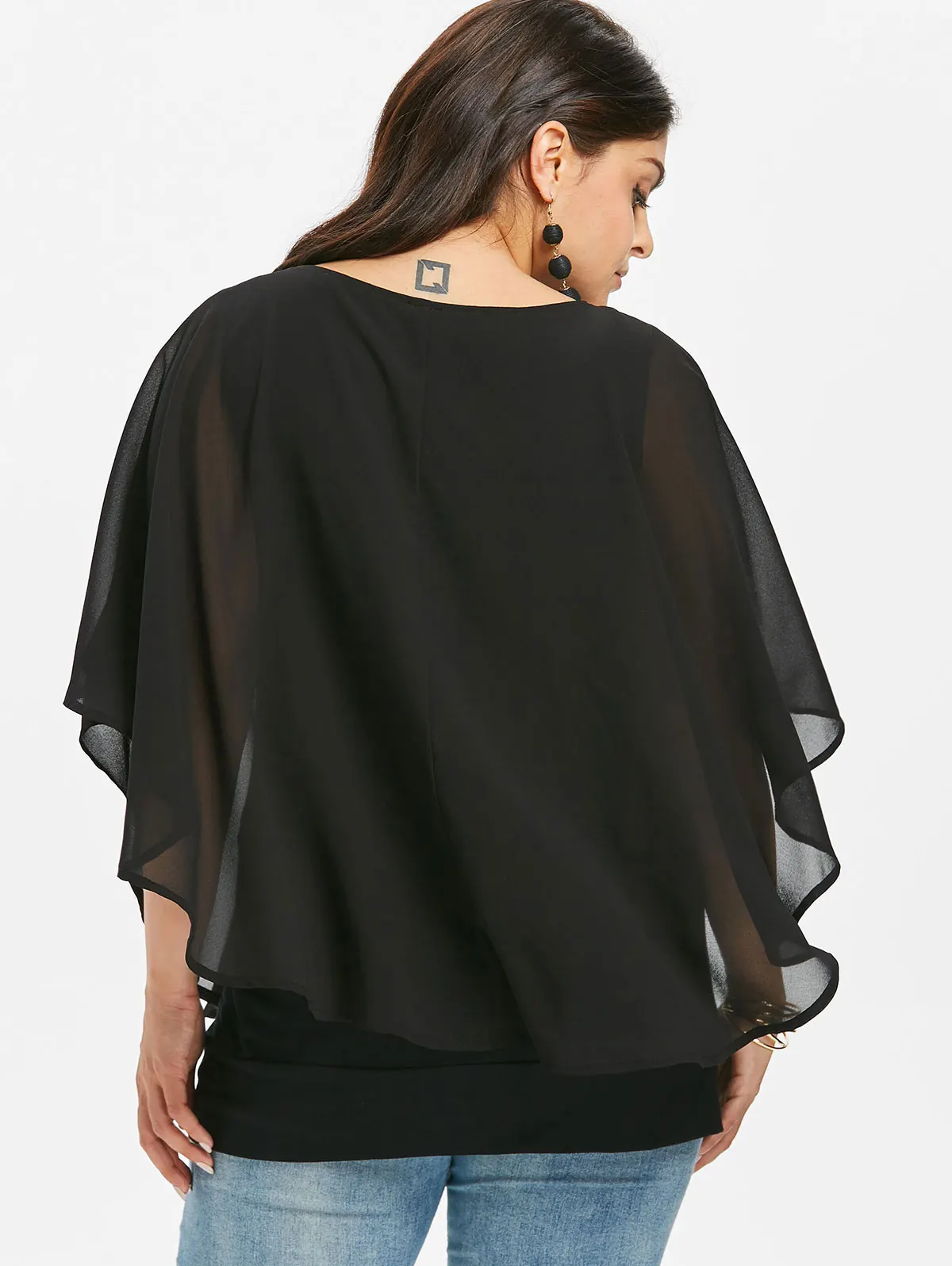Wipalo Plus Size 5XL Embroidery V Neck Overlay Cape Blouse Women Summer Chiffon 3/4 Sleeve Ladies Tops Casual Clothing|Блузки| |