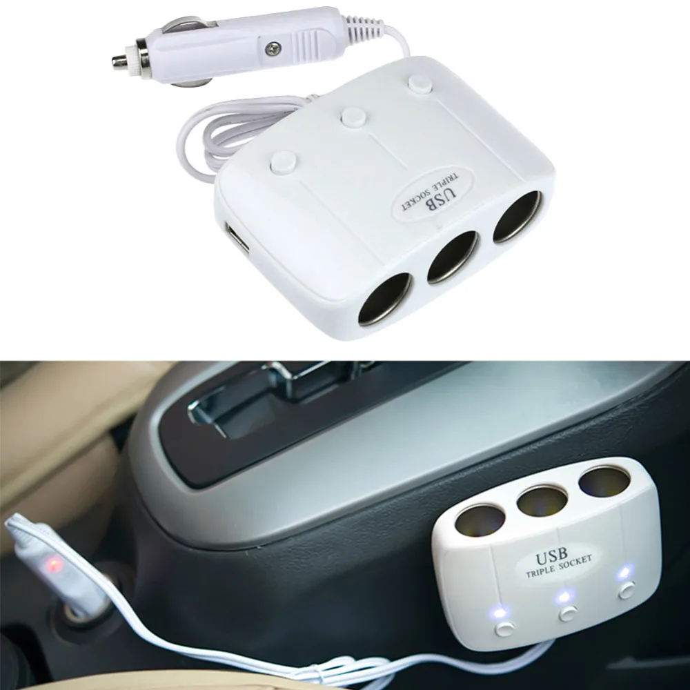 Белый Dual USB Автомобильное Зарядное устройство адаптер с 3 Разъем Авто-прикуриватели адаптер dc Выход Автомобильный Разветвитель разъем автомобильный адаптер