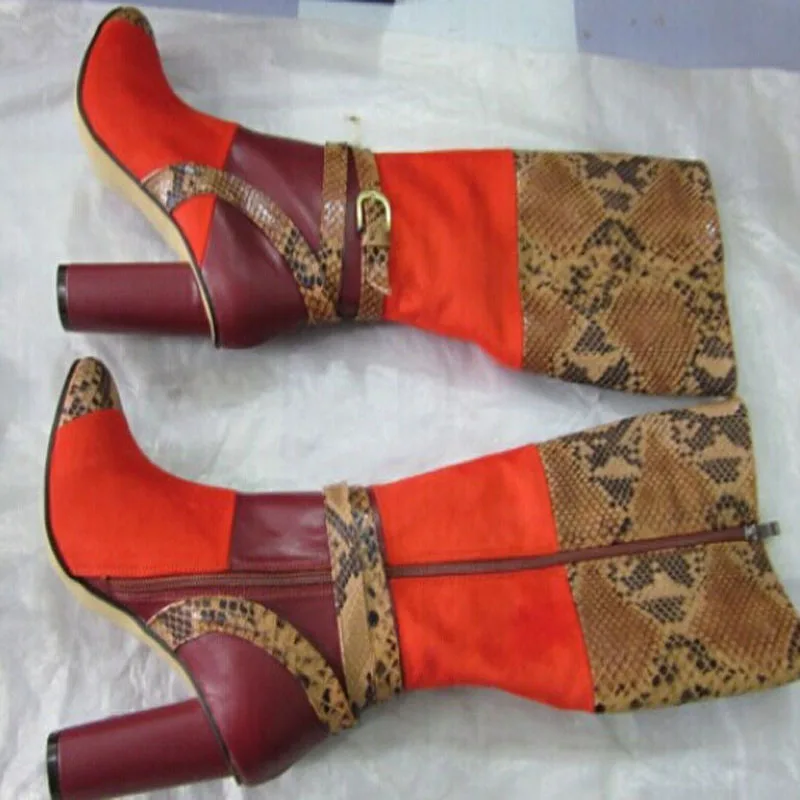 

Hot selling sexy knee high boots round toe snakeskin leather high heels fashion buckle strap women winter boots