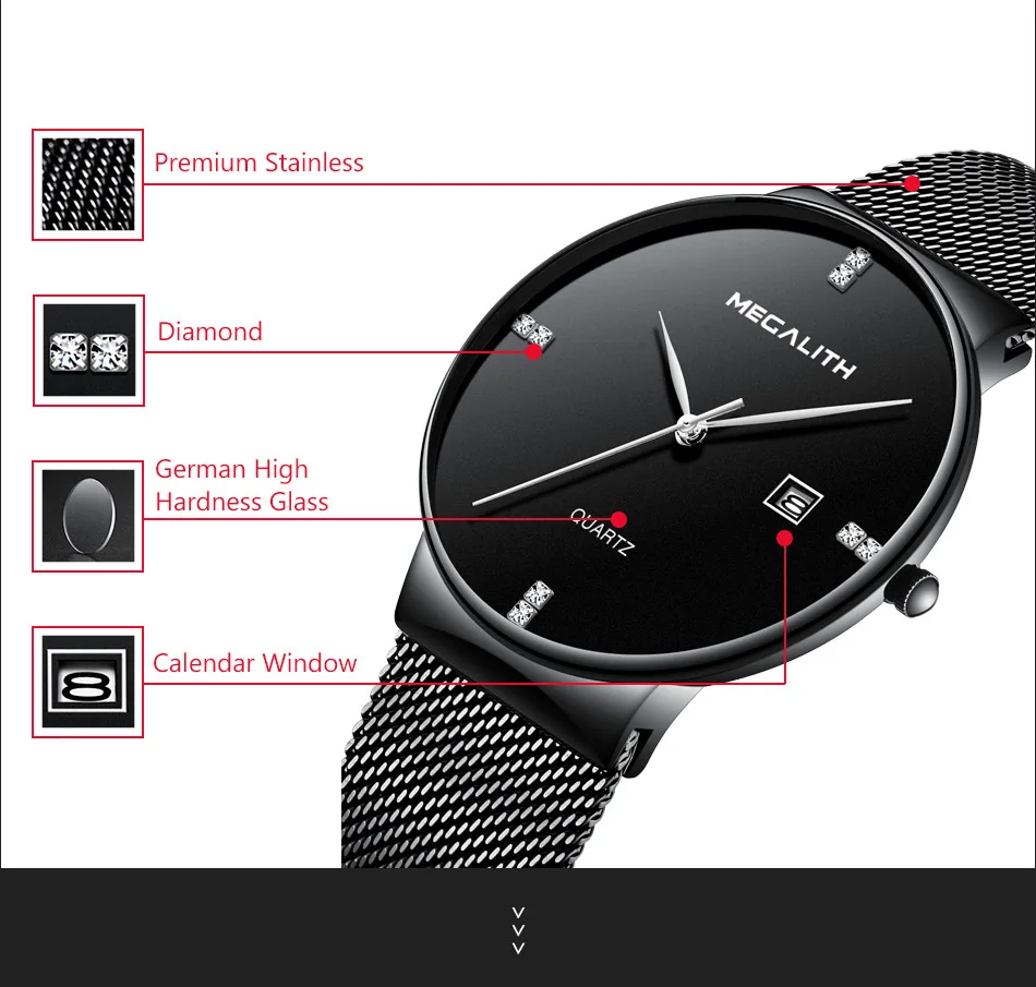 MEGALITH мужские часы 9,99$ спортивные водонепроницаемые светящиеся кварцевые часы стальной сетчатый ремешок наручные часы Мужские часы цена 0047