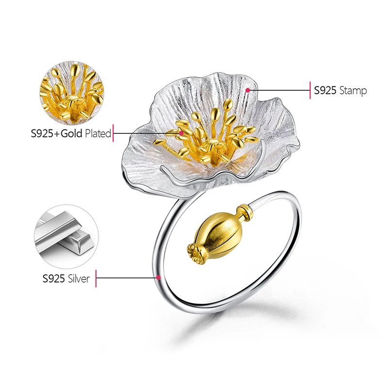 Lotus Fun Real 925 Sterling Silver Adjustable Ring Handmade Designer Fine Jewelry Blooming Poppies Flower Rings for Women Bijoux