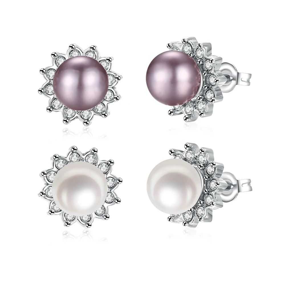 

925 Sterling Silver Elegant Round flower with zircon stone Pearl Earrings stud for Women Jewelry Alibaba Express Brincos E026