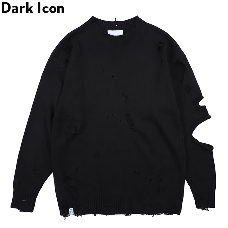 

Dark Icon Ripped Street Men's Sweater Round Neck Destroyed Sweater for Men Streetwear Clothing