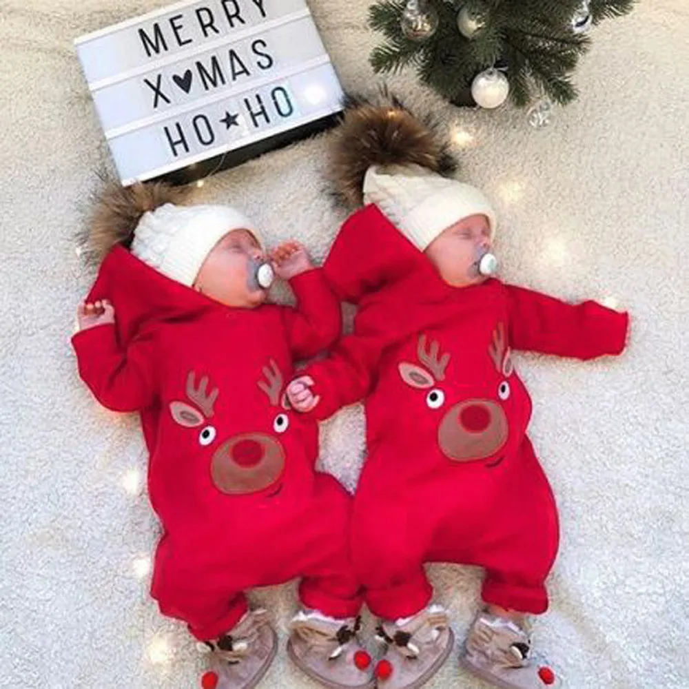 Комбинезон для новорожденных; одежда для маленьких мальчиков и девочек; Рождественский комбинезон с капюшоном и рисунком оленя