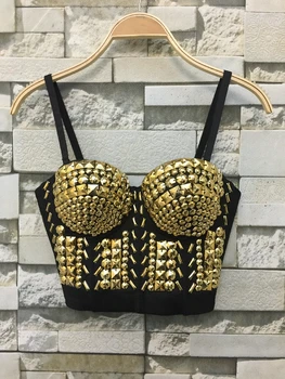 

P248 New Unique Gold Rhinestone Gaga Bustier Pearls Diamond Push Up Night Club Bralette Women's Bra Cropped Tube Top