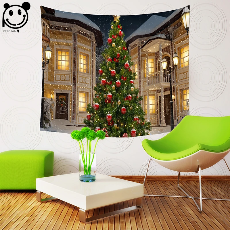 PEIYUAN Tapestry New Design Warm Hut Cartoon font b Christmas b font Tree and Deer Wall