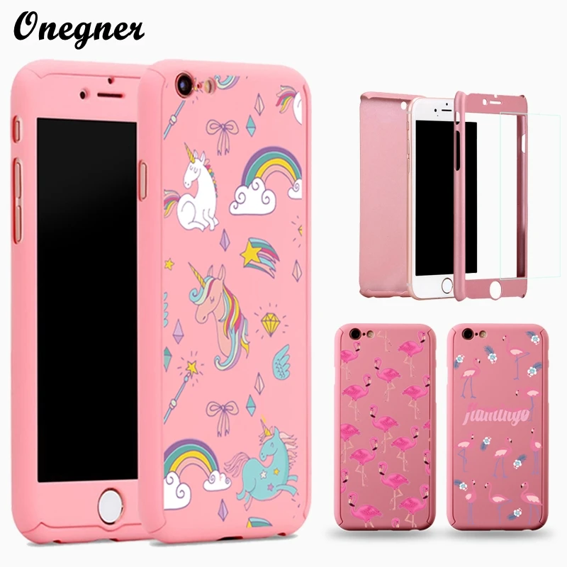 

Luxury 360 Degree Full Body Protection Case For iPhone 6 6s 7 Plus Unicorn Back Cover For iPhone 5 5S Flamingo Pink Cases coque
