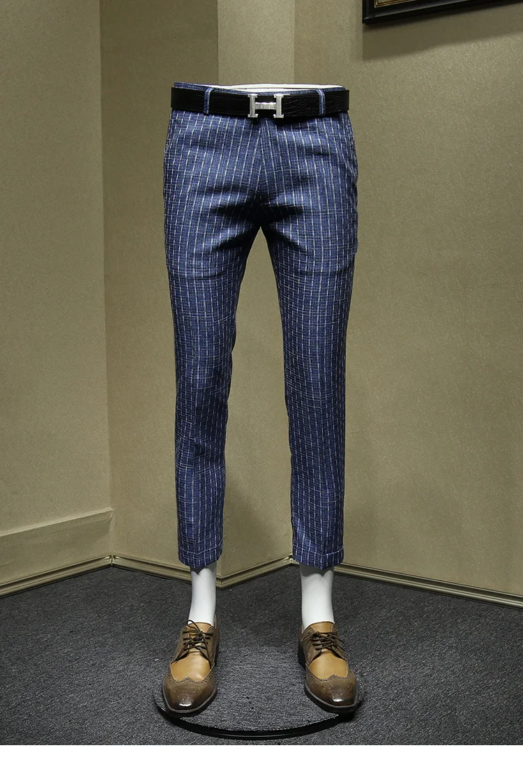 Брюки мужские летние тонкие укороченные брюки леггинсы модные брюки в деловом стиле мужские синие серые полосатые свадебные Одежда