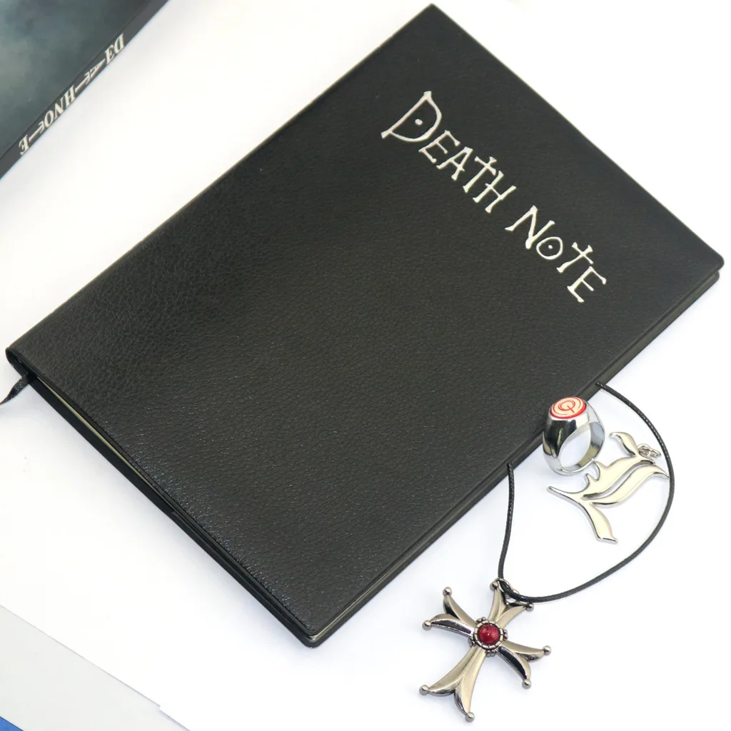

Cool Cosplay Anime Props Death Note Necklace Ring Pendant 4pcs Set English death note toy Deathnote Diary Books kids Gift mkd2