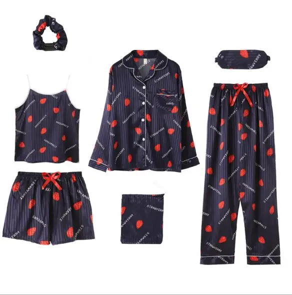 7 шт. пижамный комплект Весна Осень шелковые пижамы для женщин с длинным рукавом атласная одежда для сна Женская домашняя одежда с принтом милые женские пижамы