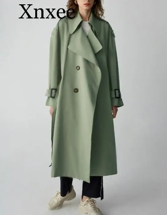 

Xnxee New Arrival 2019 green oversize long belted notched collar women trench coat