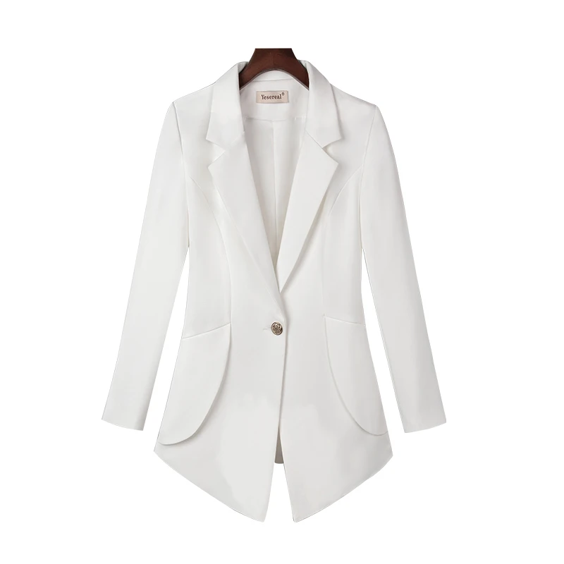 Женский однотонный Блейзер размера плюс с длинным рукавом, Женские топы и блузки, повседневный необычный приталенный пиджак Feminino - Цвет: white