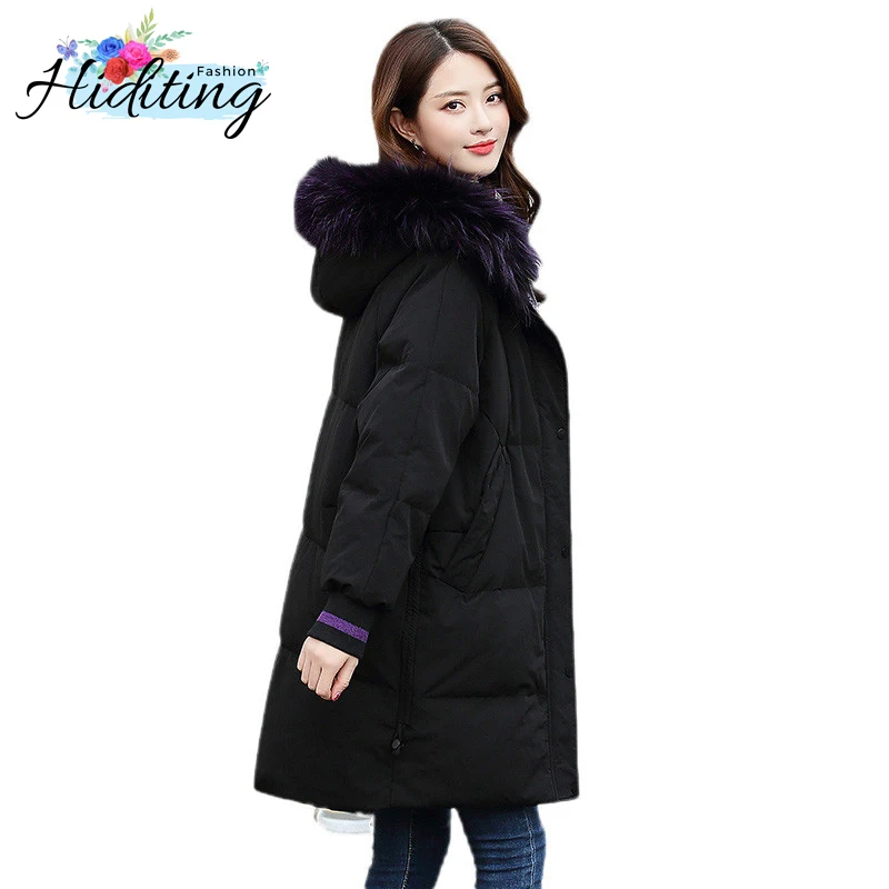 

Winter Women Feather Down Jacket 2019 New Medium Long Large Fur Collar Hooded Overcoat Fashion Warm White Duck Down Coat WIN21