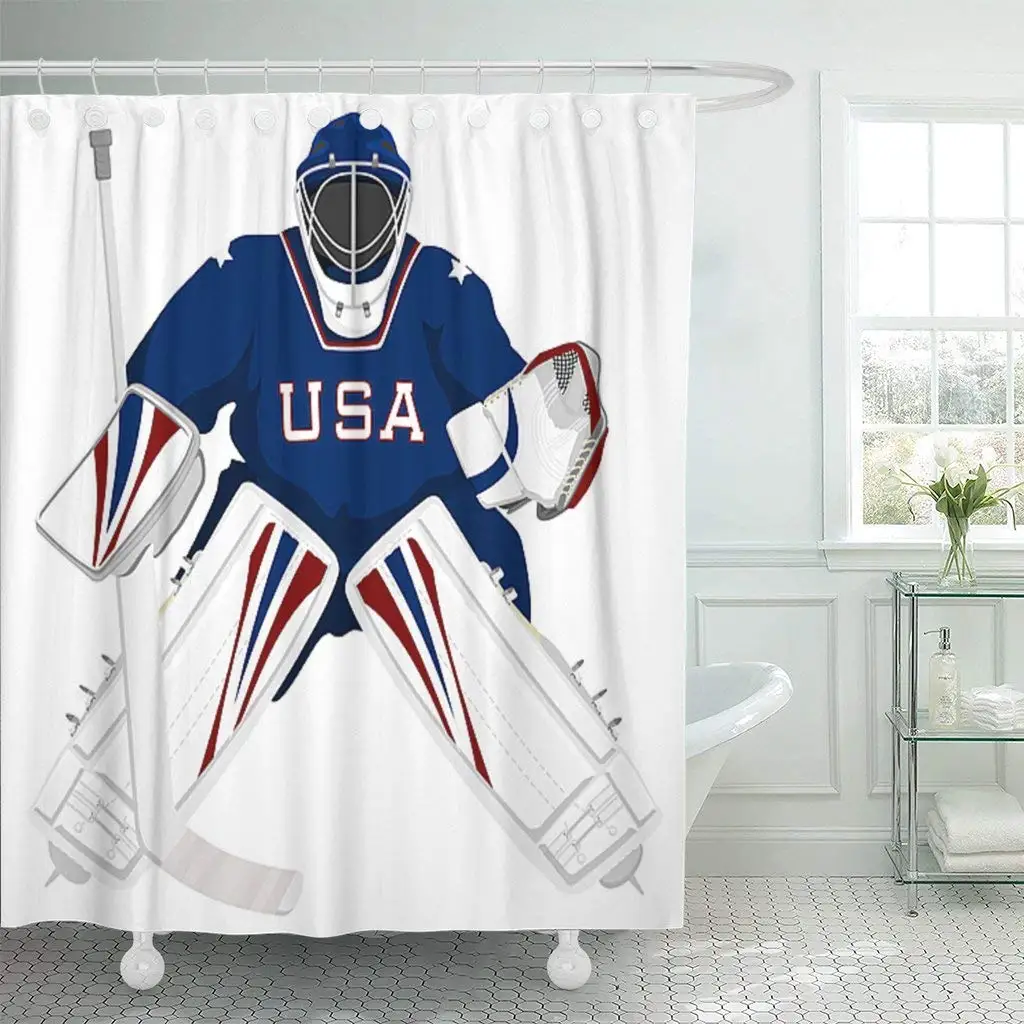 

Shower Curtain with Hooks Ice Team USA Hockey Goalie Jersey Sport Stick Winter Helmet Cartoon Graphic Bathroom Decor