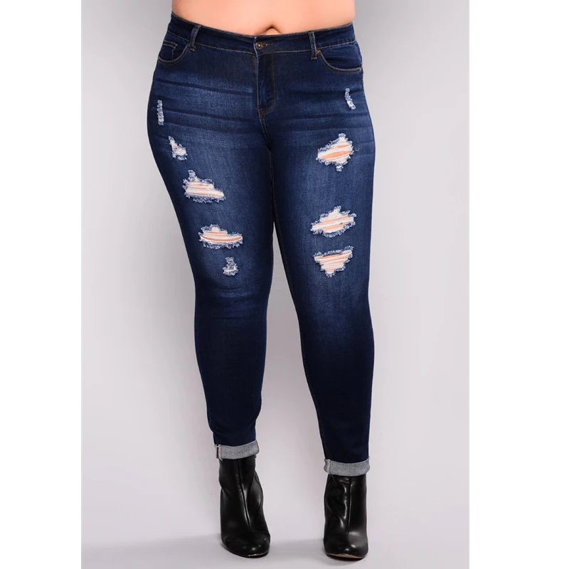 

Fashion Navy Blue Big Size Jeans Women Denim Bleached Ripped Skinny Denim Pants Zipper Fly Stretch Pencil Pants 5XL