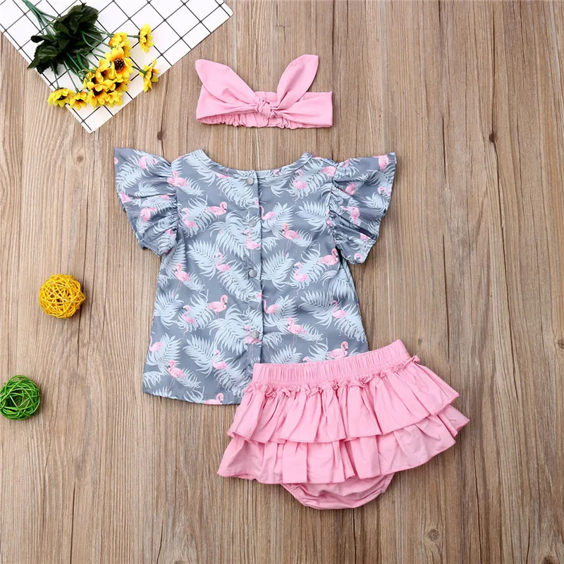 

0-24M 3pcs Baby Set Gray Flamingo Print Flare Sleeve Girls T-Shirt Solid Pink Skirts Girls Shorts Pants Infant Suit Children Set