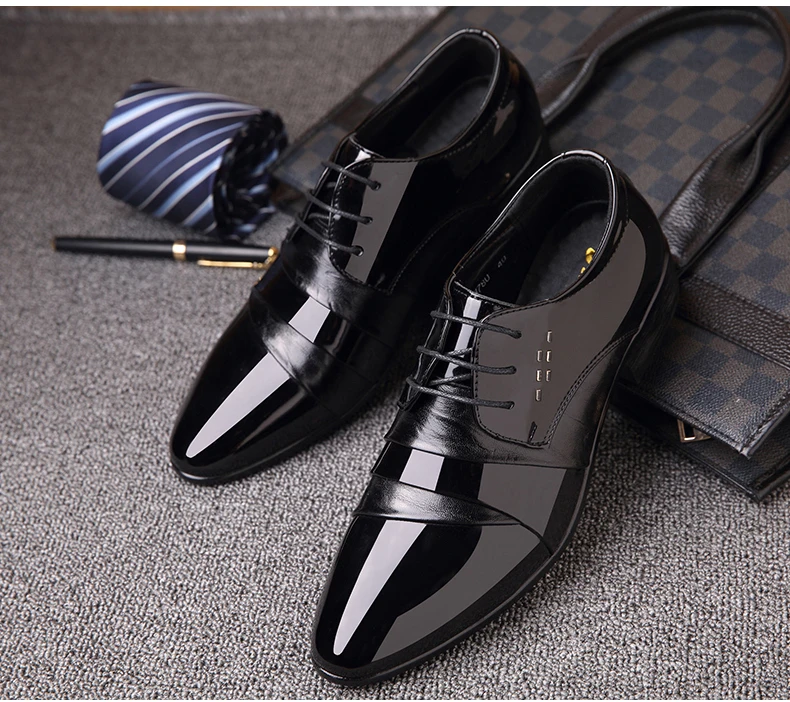 Высокое качество блестящий Искусственная кожа Для мужчин Полуботинки, платье, обувь; модная женская обувь; на шнуровке; свадебные черная обувь Для мужчин s острый носок формальные офисные туфли 99780