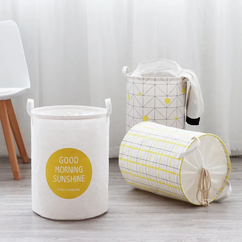 Round Bundle Mouth Laundry Basket Cotton Linen Clothes Toys Storage Bucket Sundries Organizer