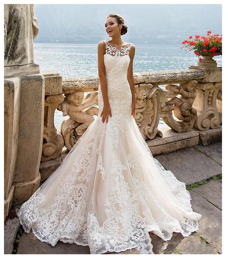 

Sleeveless Double Shoulder Neck Appliqued Lace Wedding Dresses 2019 Mermaid/Trumpet Train Illusion bridal gown dress White