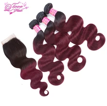Queen Love Hair 3 Bundles With Closure Mongolian Pre-Coloed Body Wave Hair 100% Human Hair NonRemy Omber #1B/99J Hair Extensions