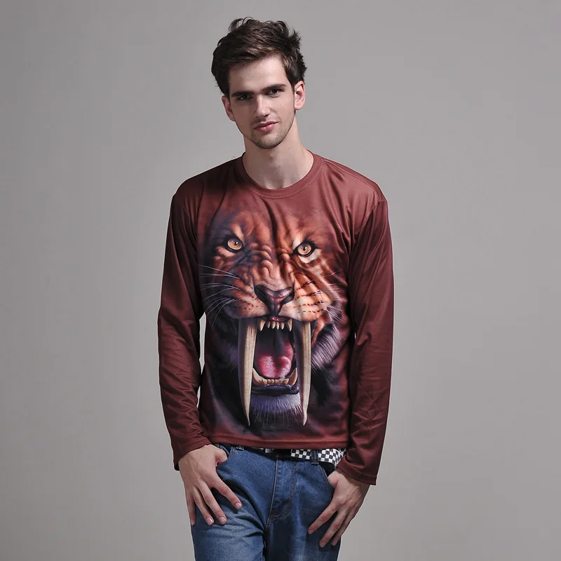 Free Shipping!tide Personality Saber-toothed Tiger 3d Plus Velvet Three-dimensional Pattern Big Yards Thick Long-sleeved T-shirt | Мужская