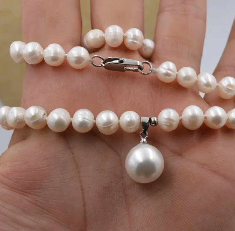 

Free shipping 7-8mm White Akoya Cultured Pearl & Shell Pearl Pendant Necklace 18"AA
