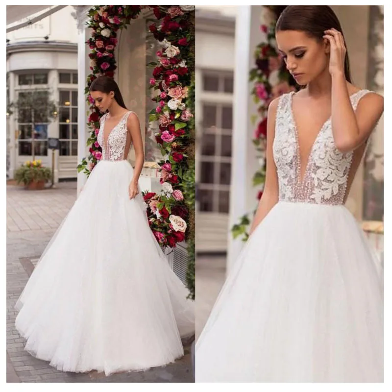 

Smileven Wedding Dress 2019 Appliques Lace Bride Dresses Sexy Deep V Neck Wedding Bridal Gowns 2019 Sexy Wedding Gowns