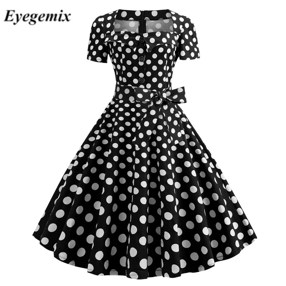 

2019 Summer Polka Dot Dress Robe Femme Women Short Sleeve Vintage Dress Elegant Party Office Midi Rockabilly Dresses Plus Size