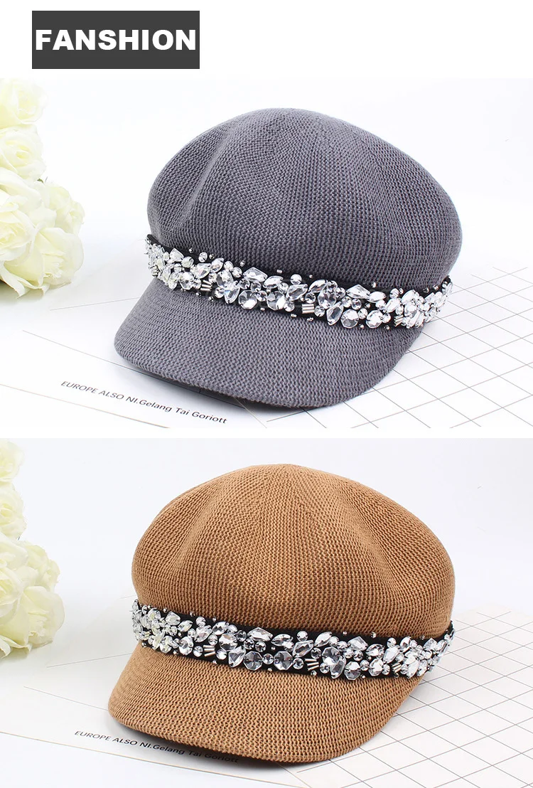 Hot Sale 2018 South Korea Style Hat Cotton Yarn Rhinestone Beret Fashion Lady Outdoor Leisure Hat  ACD04 (13)