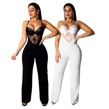 

Wantmove 2019 new summer women jumpsuit sexy solid color splice sling v-neck open back lace hollow out wide-leg jumpsuit WM684