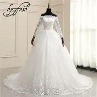 Luxury Lace 100cm Train Wedding Dresses Embroidery Ball Gowns Off White Ivory Boat Neck off shoulder Full Sleeve Tulle Bridal 70