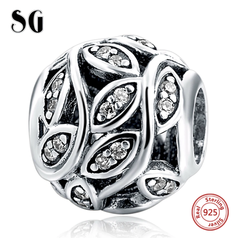 

Leaves Pattern with Zirconia Round Beads For Women Fit European Bracelet Charms Silver 925 Original Fashion Jewelry for gifts