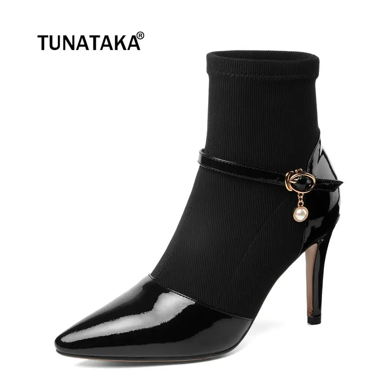 

Women Genuine Leather Thin High Heel Buckle Ankle Boots Fashion Slip On Pointed Toe Fall Winter Ladies Shoes Black Beige